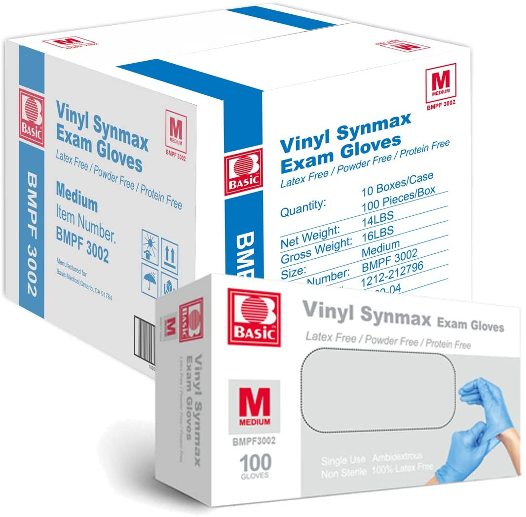 Basic Medical 4-mil blue latex-free powder-free Synmax Vinyl Exam Gloves - Medium